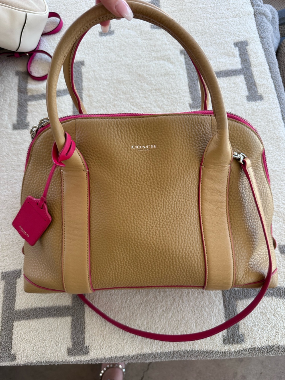 Coach Tan Pebbled Leather Satchel with Pink Trim